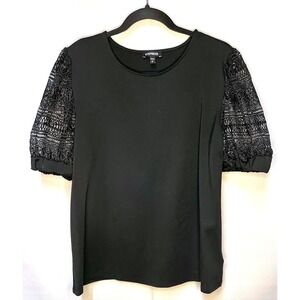 Black Express‎ Blouse/Top with Lace Puff Sleeves-Medium